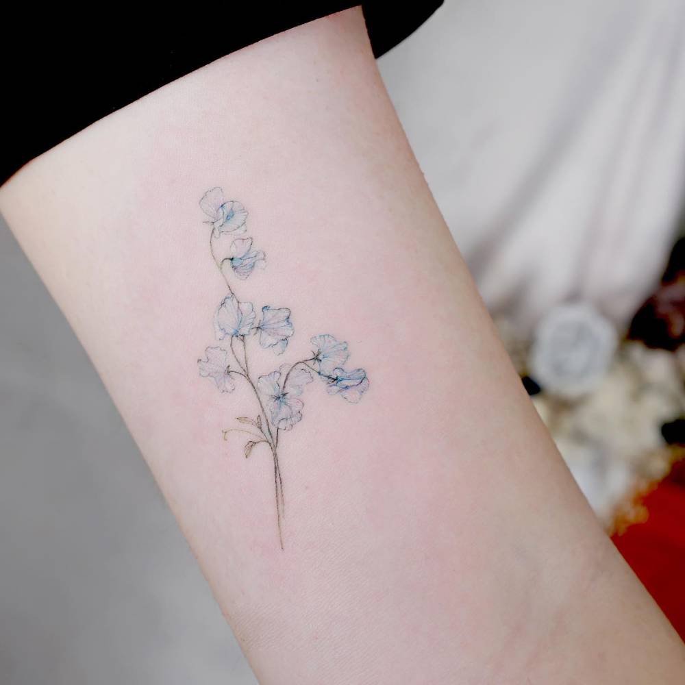 Cute watercolor sweet pea tattoo located on the inner arm.
