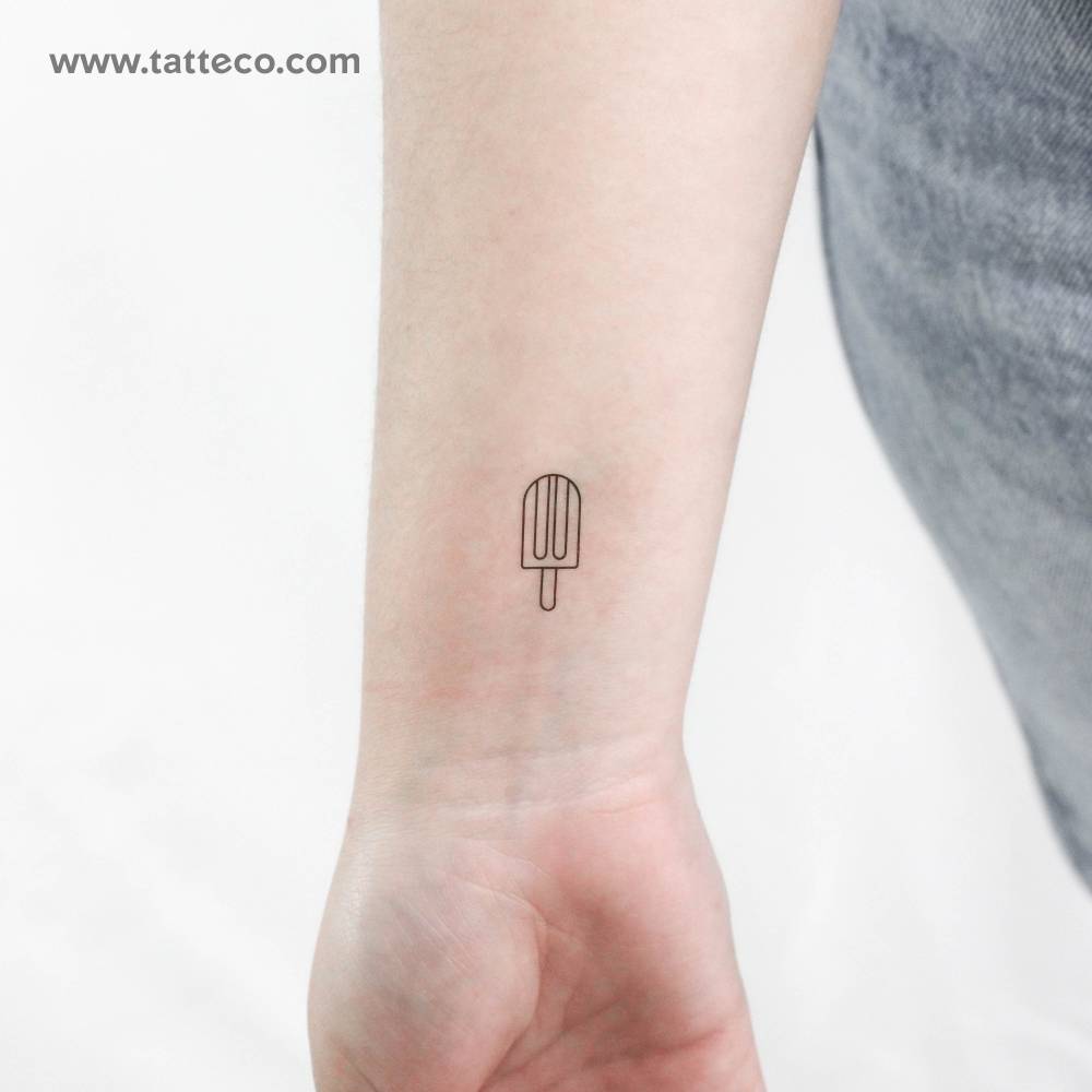 FIne line style popsicle temporary tattoo located on the wrist.