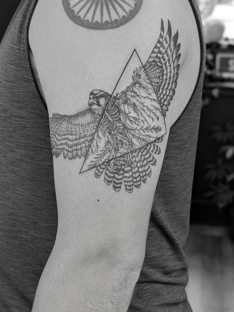 Falcon and triangle tattoo located on the upper arm.