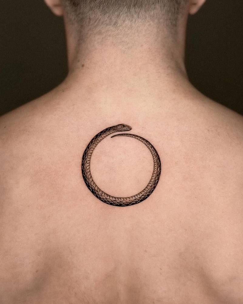 Snake ouroboros tattoo located on the upper back.