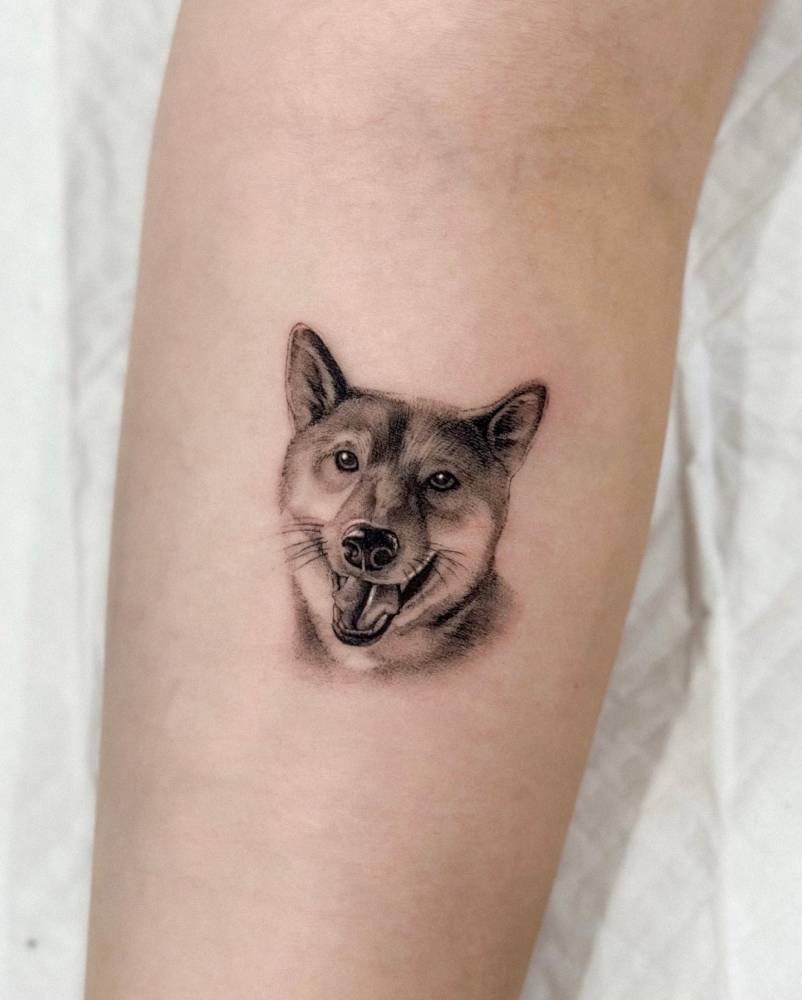 Shiba Inu portrait tattoo located on the inner forearm.