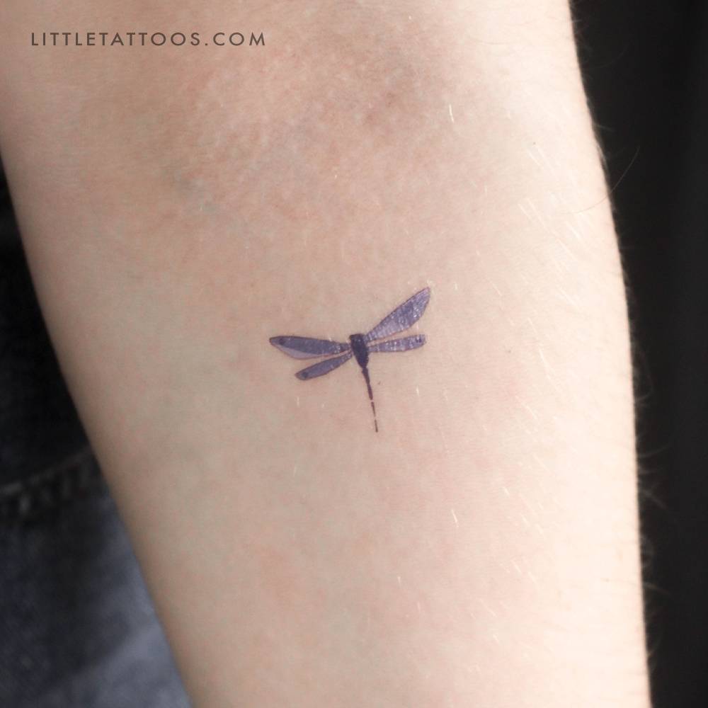 Watercolor style blue dragonfly temporary tattoo.