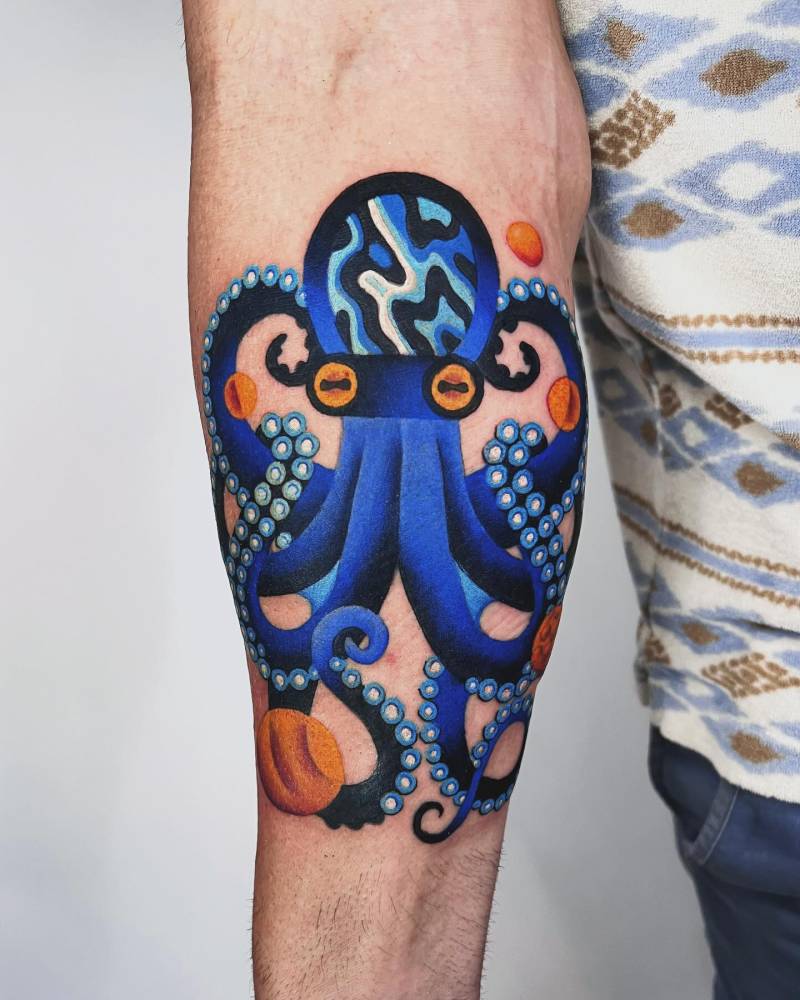 Octopus tattoo located on the inner forearm.