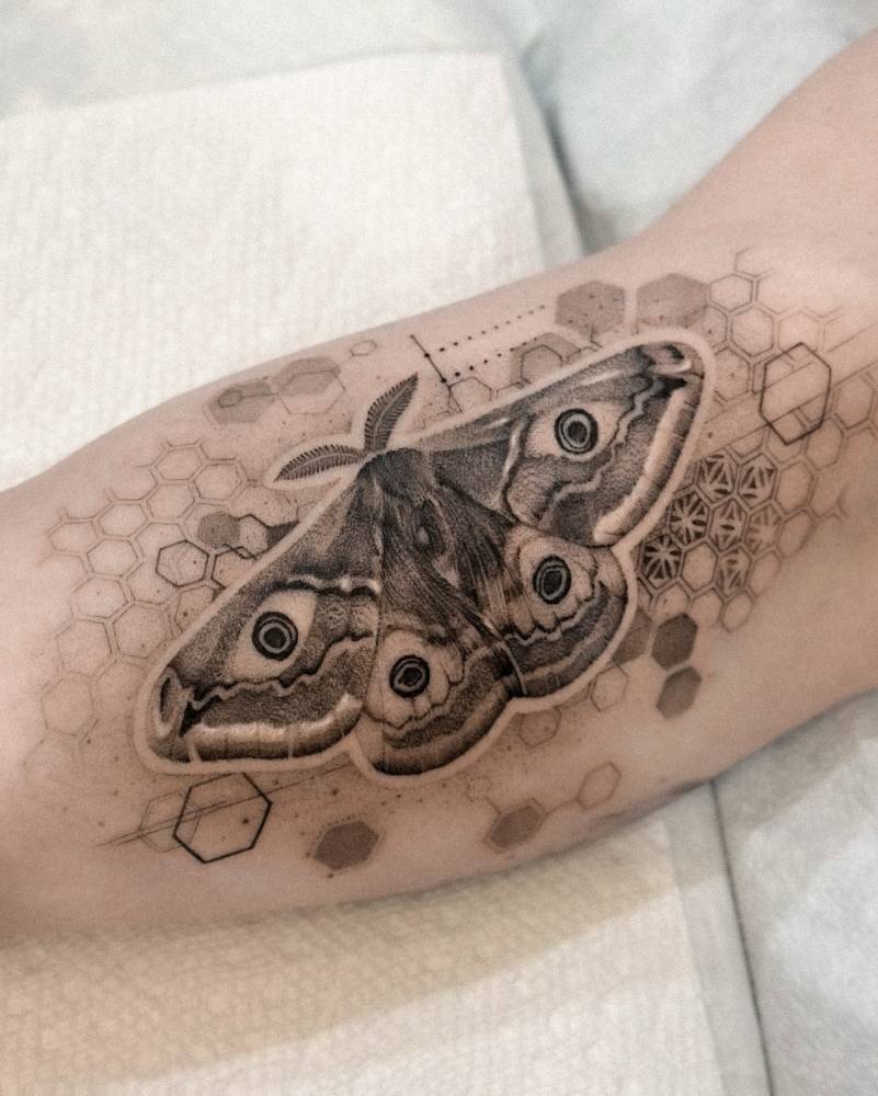 Graphic style moth tattoo placed on the inner arm.