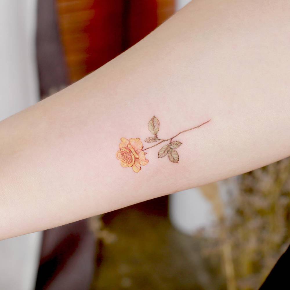 Watercolor style yellow rose tattoo done on the inner forearm.