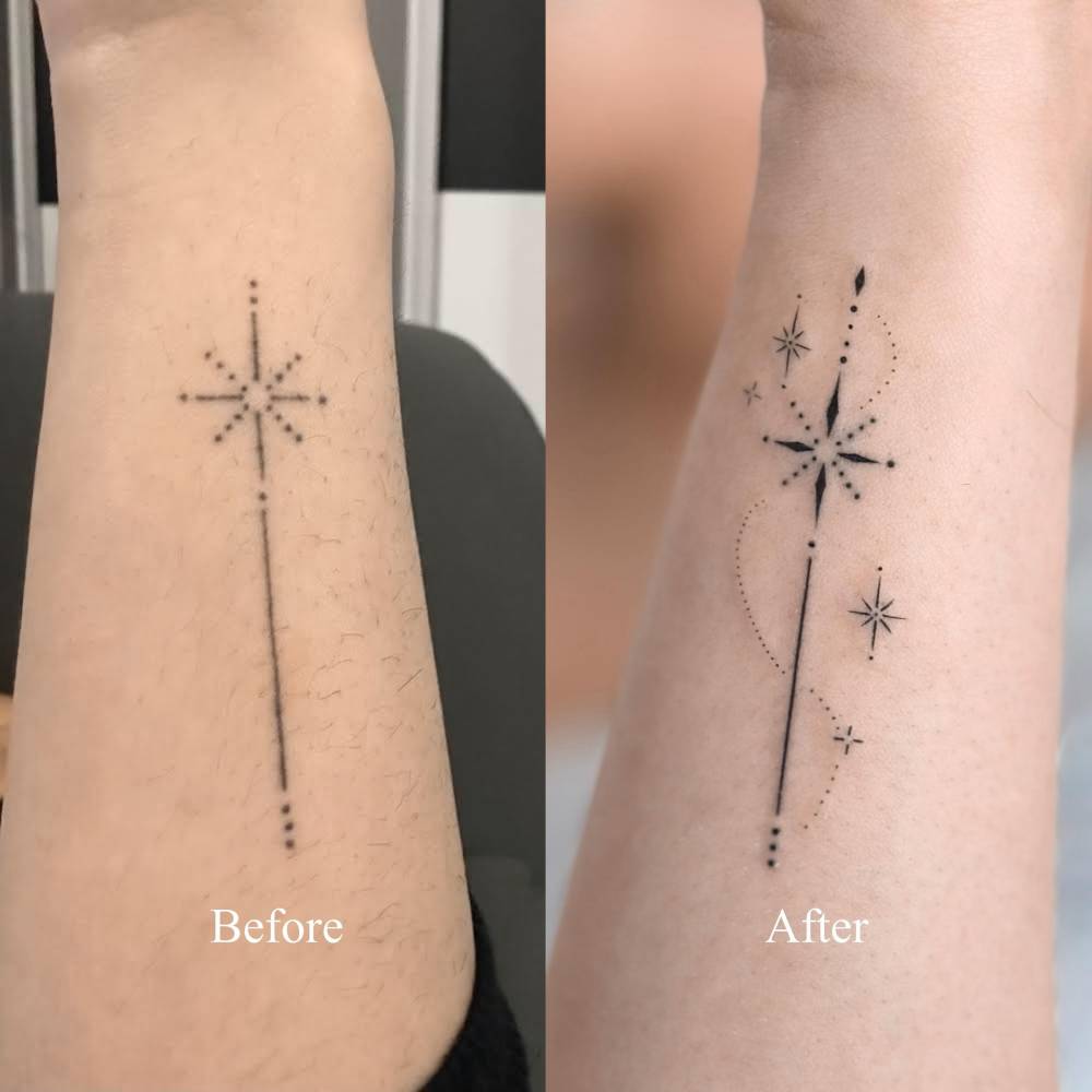 Sparkling stars touch up tattoo located on the wrist.