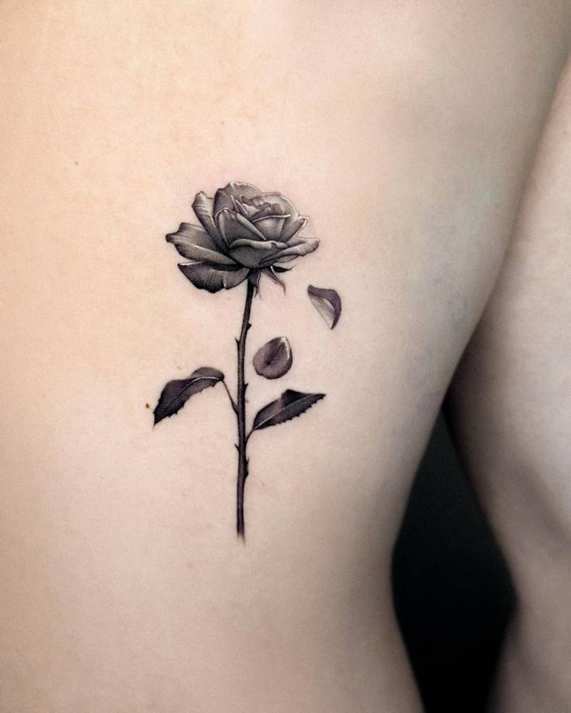 Rose tattoo in black and grey style located on the back.