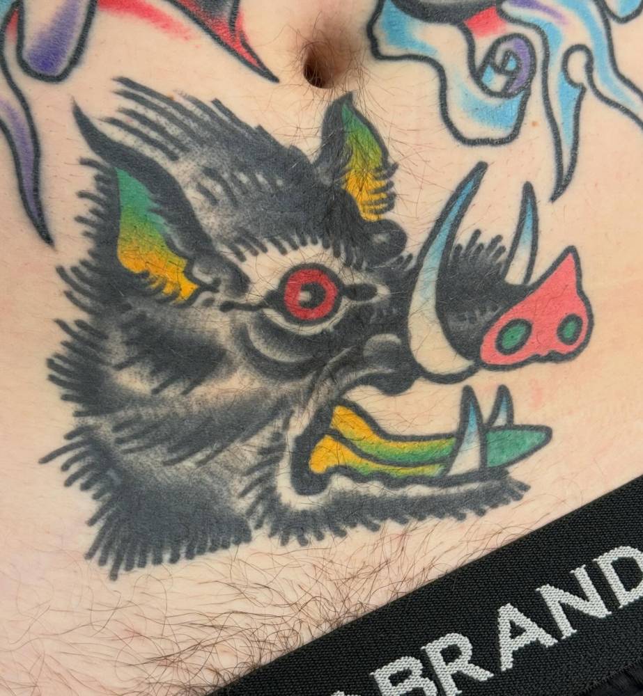 Healed wild pig portrait tattoo in traditional style.