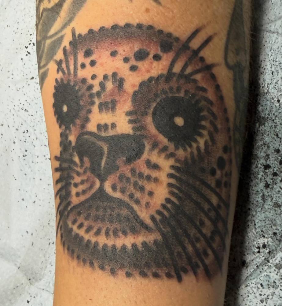 Traditional style seal portrait tattoo located on the forearm.