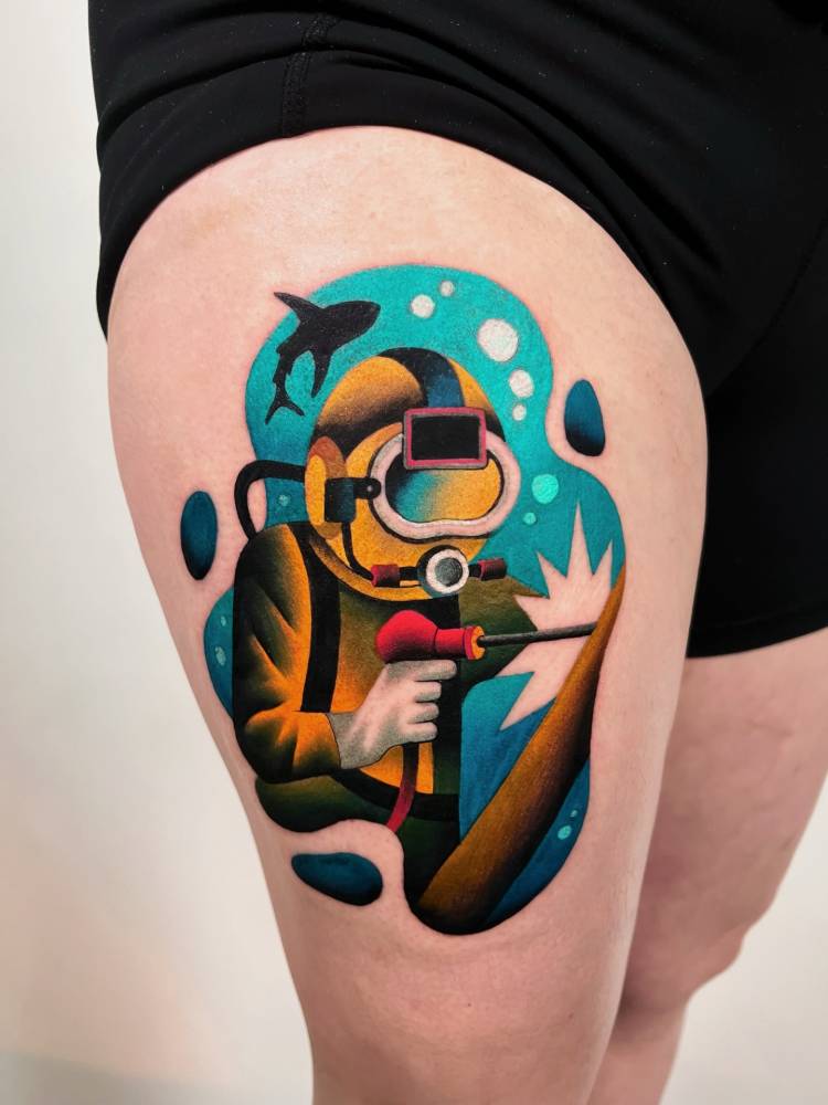 Diver tattoo located on the thigh, pop art style.