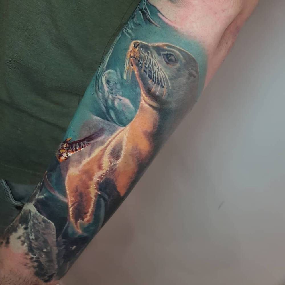 Realistic style seal tattoo located on the forearm.