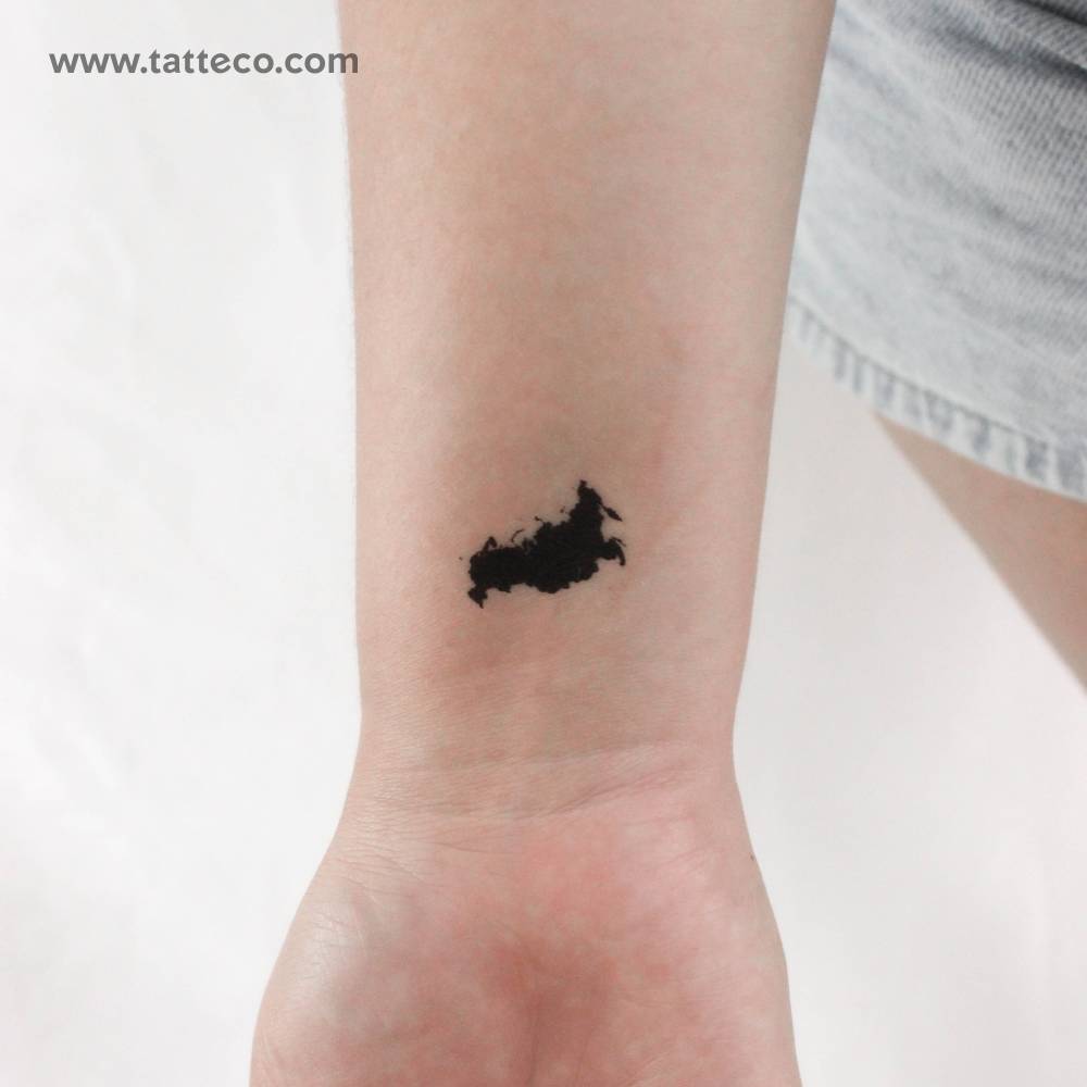 Small Russia map temporary tattoo located on the wrist.