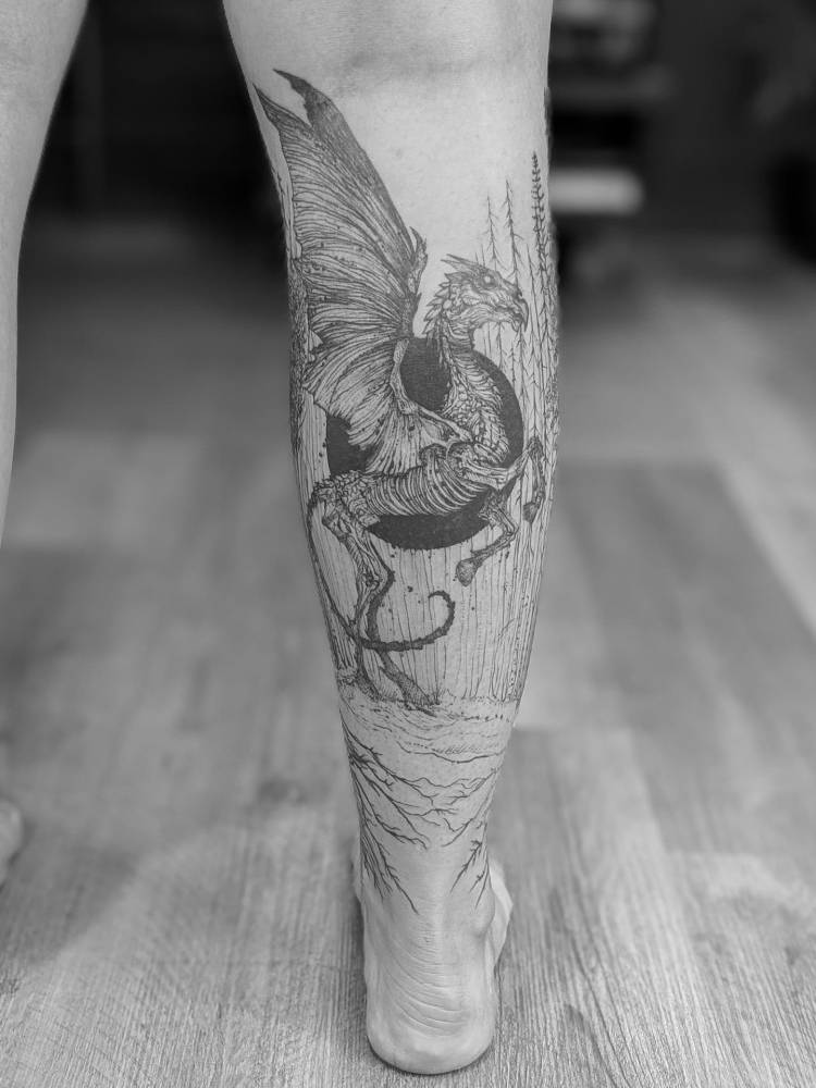 Thestral tattoo located on the calf, illustrative style.