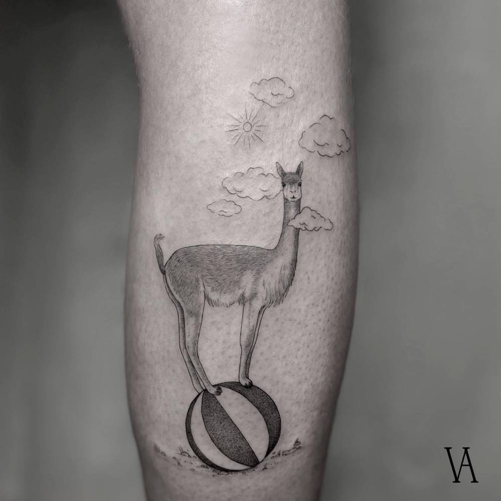 Acrobat alpaca tattoo located on the calf, illustrative style.
