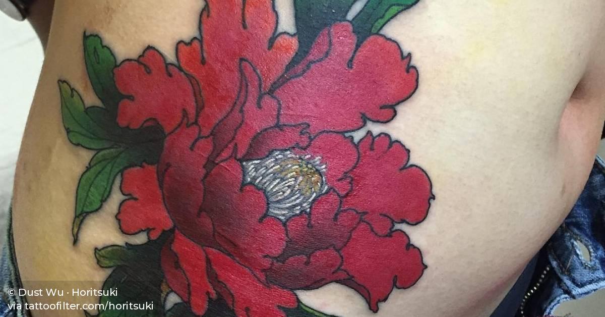 Japanese style peony tattoo on the right side of the